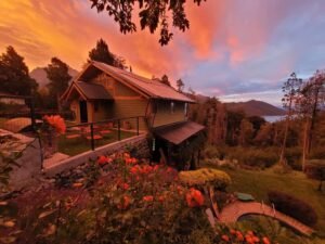 cabana rustica en bosque argentino amanecer