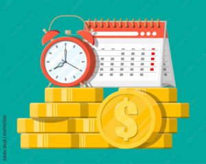 calendario anual con relojes y monedas