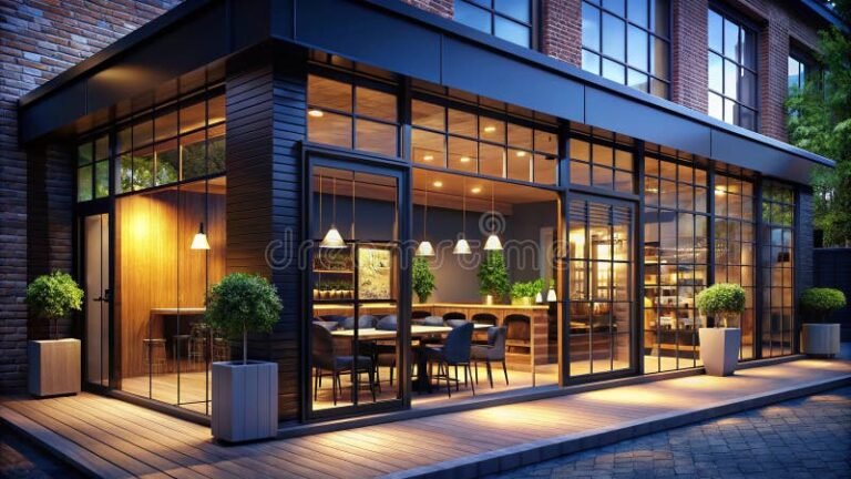 fachada moderna de restaurante urbano nocturno