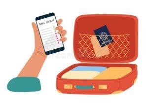 maleta con iconos de salud y viaje