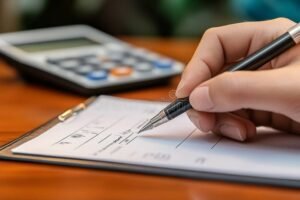 manos sosteniendo documentos y calculadora financiera