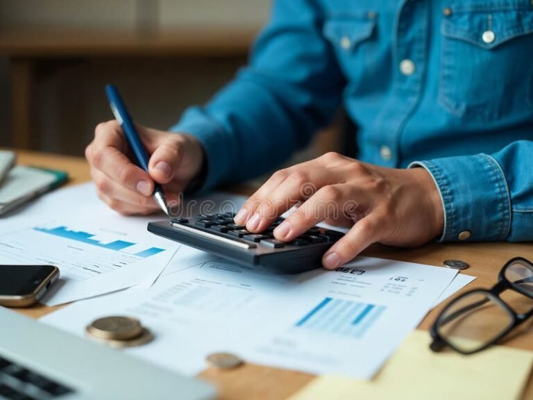 persona calculando finanzas con calculadora y papeles