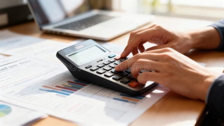 persona usando computadora con calculadora financiera