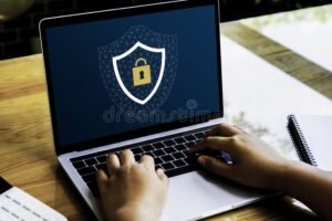 persona usando computadora con datos seguros