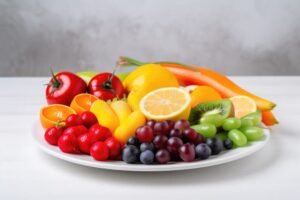 plato colorido con frutas y verduras frescas