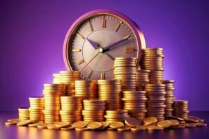 reloj con monedas y crecimiento financiero