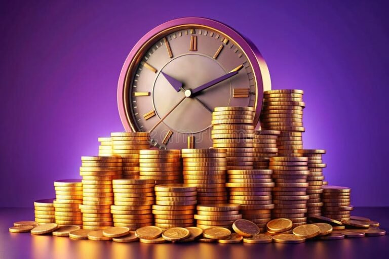reloj con monedas y crecimiento financiero