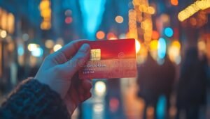 tarjeta naranja en mano con fondo ciudad