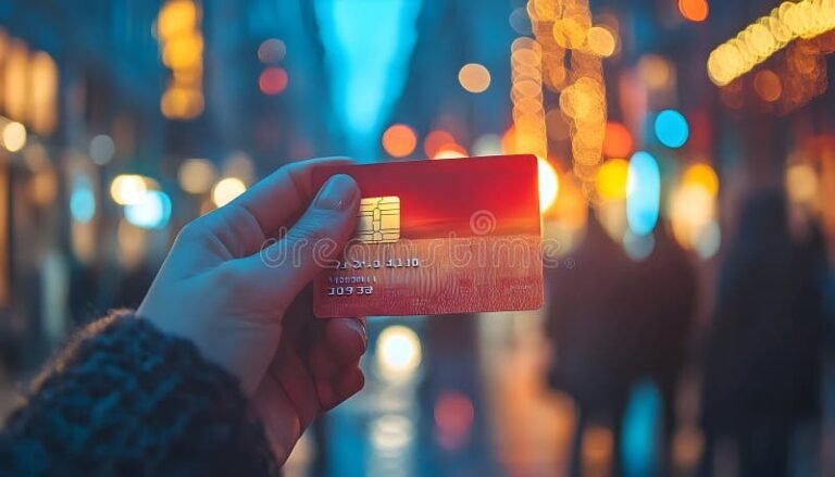 tarjeta naranja en mano con fondo ciudad